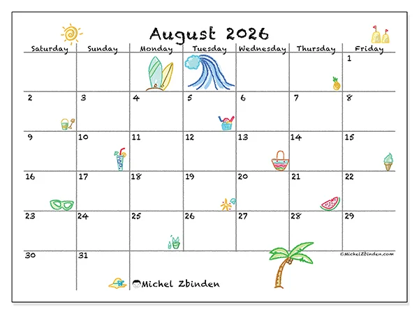 Printable August 2026 calendar - Sunny holidays - Week: Sunday to Saturday