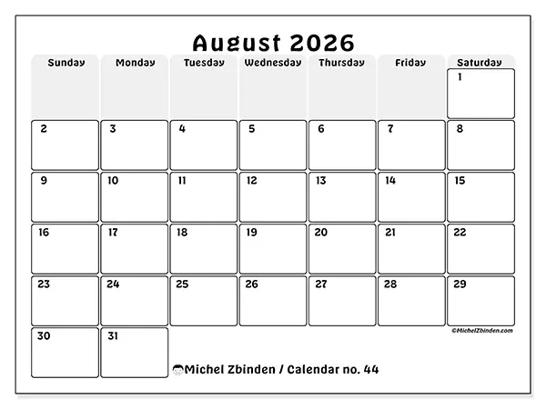 Printable August 2026 calendar - Structured planning - Week: Sunday to Saturday