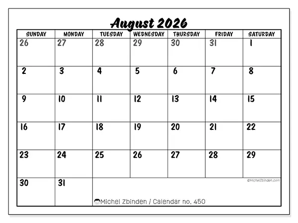 Printable August 2026 calendar - Detailed organization - Week: Sunday to Saturday