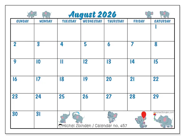 Printable August 2026 calendar - Little elephants - Week: Sunday to Saturday