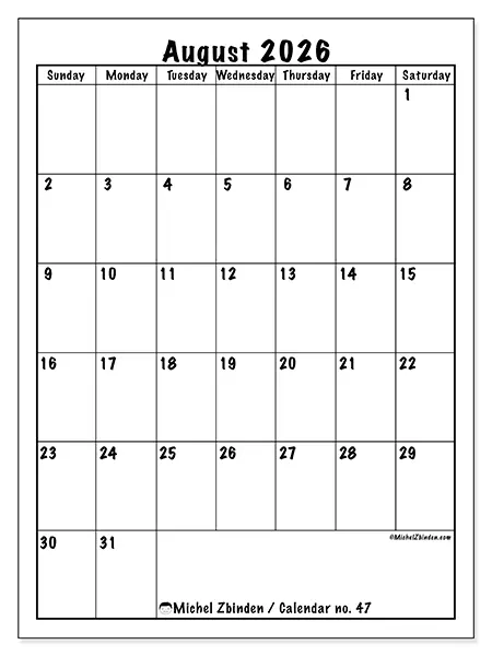 Printable August 2026 calendar - Efficient planning - Week: Sunday to Saturday