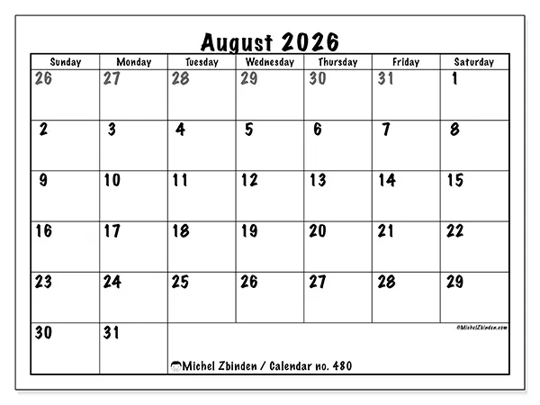 Printable August 2026 calendar - Complete planning - Week: Sunday to Saturday