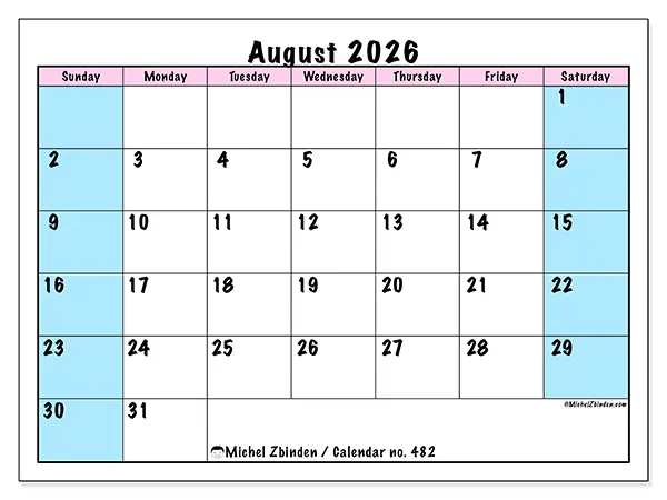 Printable August 2026 calendar - Team schedule - Week from Sunday to Saturday