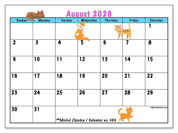 Printable August 2026 calendar - Love of cats - Week: Sunday to Saturday