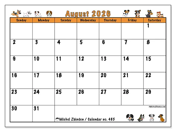 Printable August 2026 calendar - Enthusiastic dogs - Week: Sunday to Saturday