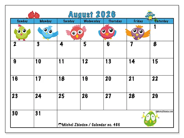 Printable August 2026 calendar - Funny birds - Week: Sunday to Saturday