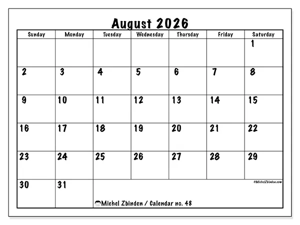 Printable August 2026 calendar - Daily efficiency - Week: Sunday to Saturday