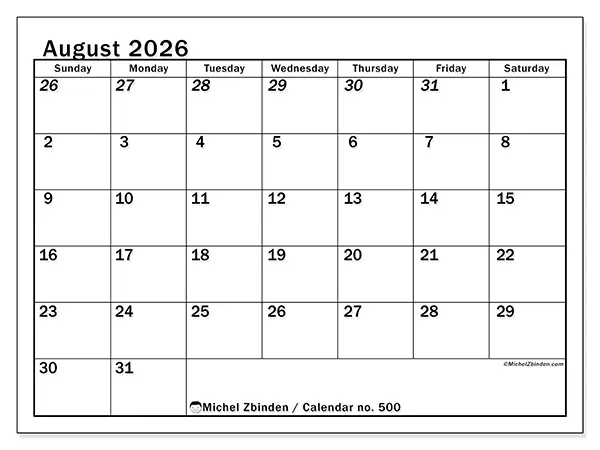 Printable August 2026 calendar - Intensive planning - Week: Sunday to Saturday