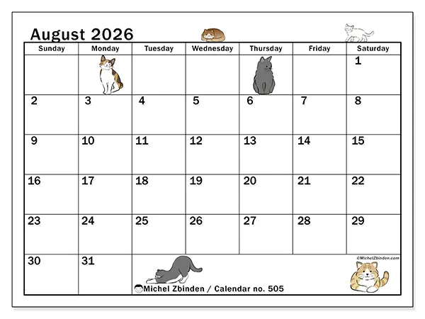 Printable August 2026 calendar - Cat life - Week: Sunday to Saturday