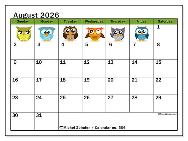 Printable August 2026 calendar - Funny owls - Week: Sunday to Saturday
