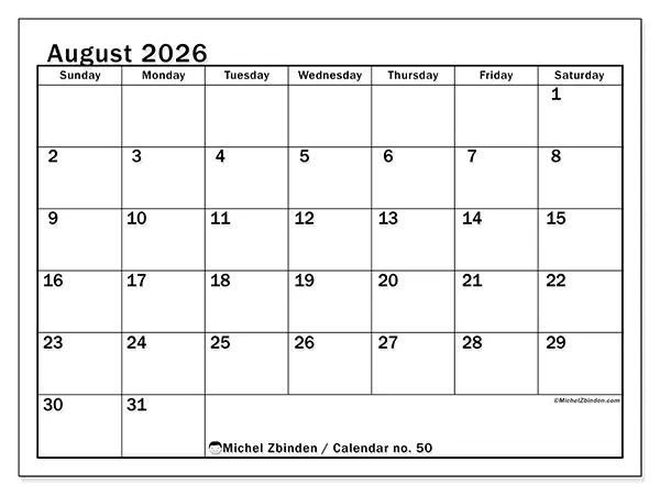 Printable August 2026 calendar - Optimal planning - Week: Sunday to Saturday