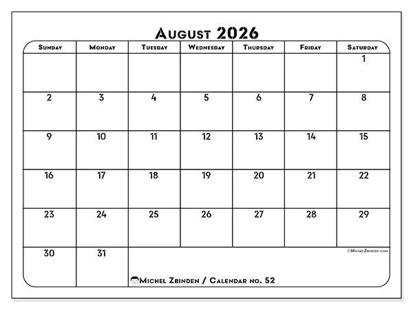 Printable August 2026 calendar - Professional organization - Week: Sunday to Saturday
