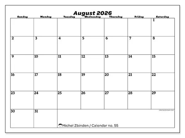 Printable August 2026 calendar - Leisure organization - Week: Sunday to Saturday