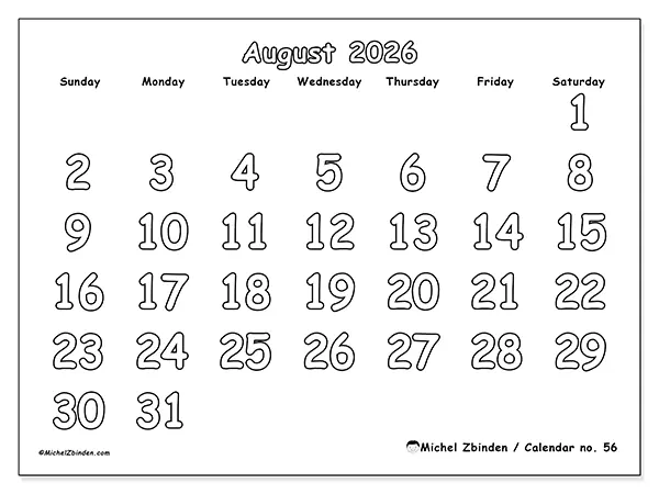 Printable August 2026 calendar - Useful coloring - Week: Sunday to Saturday