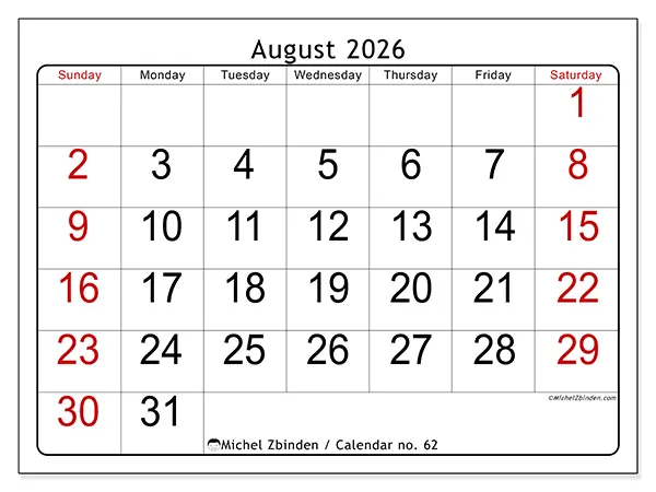 Printable August 2026 calendar - Speed reading - Week: Sunday to Saturday