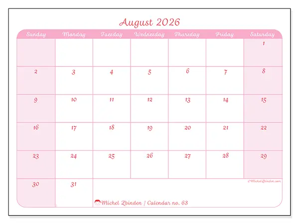 Printable August 2026 calendar - Gentle organization - Week: Sunday to Saturday