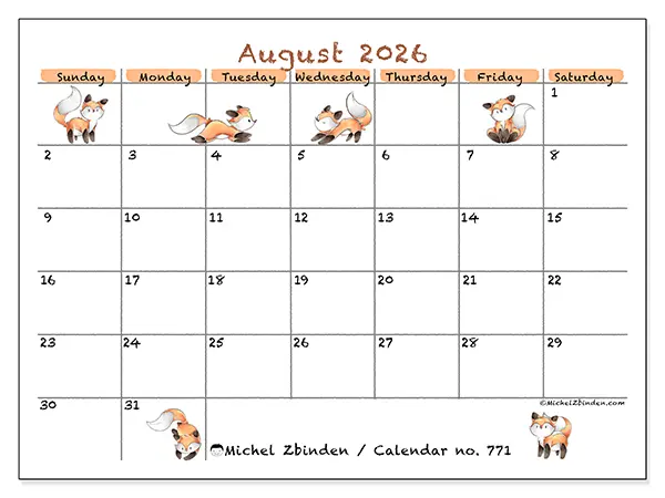 Printable August 2026 calendar - Fox drawings - Week: Sunday to Saturday