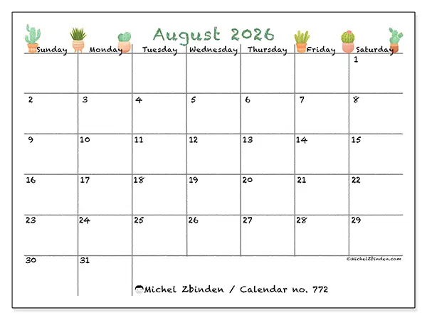 Printable August 2026 calendar - Decorative cactus - Week: Sunday to Saturday
