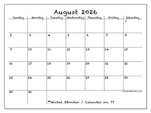 Printable August 2026 calendar - School and family - Week: Sunday to Saturday