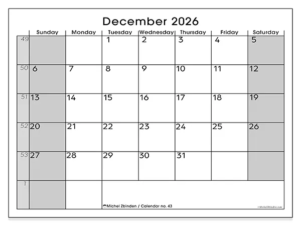 Printable December 2026 calendar - Perfect organization - Week: Sunday to Saturday