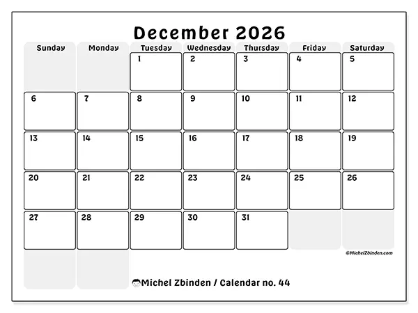 Printable December 2026 calendar - Structured planning - Week: Sunday to Saturday