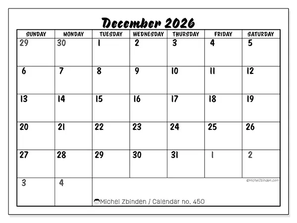 Printable December 2026 calendar - Detailed organization - Week: Sunday to Saturday