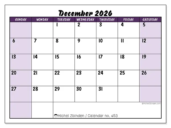 Printable December 2026 calendar - Colorful efficiency - Week: Sunday to Saturday