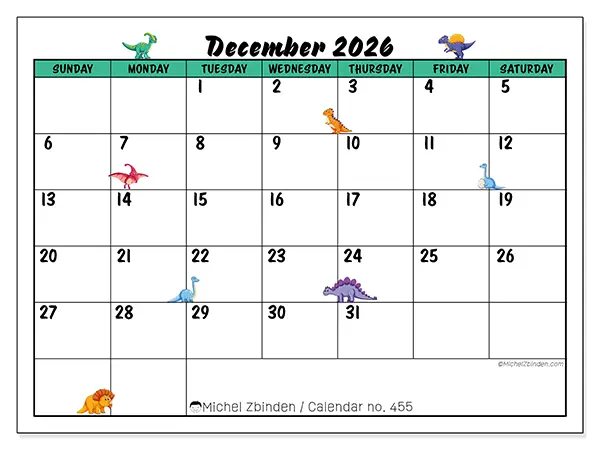 Printable December 2026 calendar - Little dinosaurs - Week: Sunday to Saturday