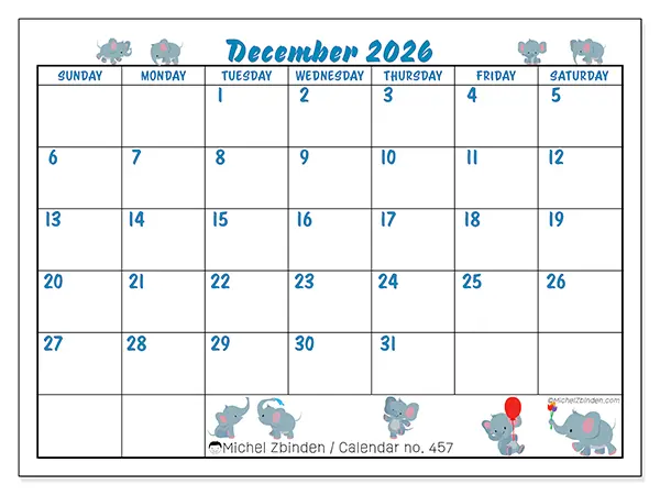Printable December 2026 calendar - Little elephants - Week: Sunday to Saturday