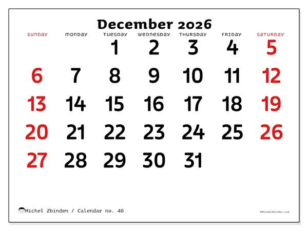 Printable December 2026 calendar - Clear vision - Week: Sunday to Saturday