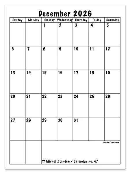 Printable December 2026 calendar - Efficient planning - Week: Sunday to Saturday