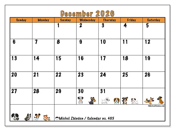 Printable December 2026 calendar - Enthusiastic dogs - Week: Sunday to Saturday