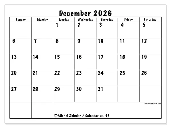 Printable December 2026 calendar - Daily efficiency - Week: Sunday to Saturday