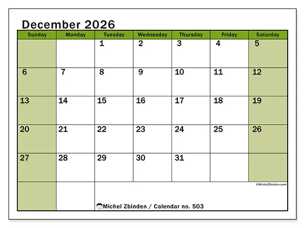 Printable December 2026 calendar - Lively organization - Week: Sunday to Saturday