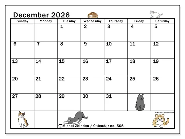Printable December 2026 calendar - Cat life - Week: Sunday to Saturday