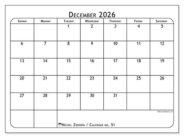 Printable December 2026 calendar - Meal planner - Week: Sunday to Saturday