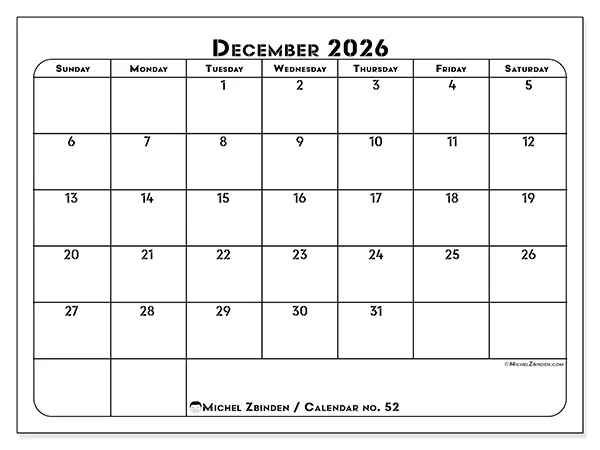 Printable December 2026 calendar - Professional organization - Week: Sunday to Saturday