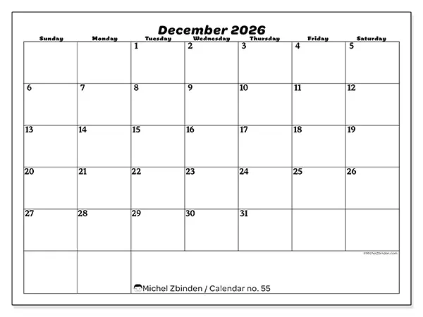 Printable December 2026 calendar - Leisure organization - Week: Sunday to Saturday