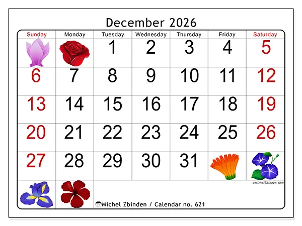 Printable December 2026 calendar - Big flowers - Week: Sunday to Saturday