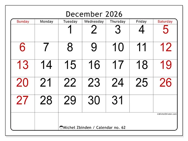 Printable December 2026 calendar - Speed reading - Week: Sunday to Saturday
