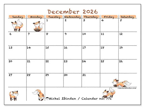 Printable December 2026 calendar - Fox drawings - Week: Sunday to Saturday