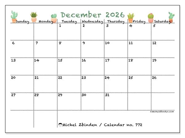 Printable December 2026 calendar - Decorative cactus - Week: Sunday to Saturday