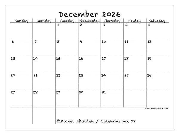 Printable December 2026 calendar - School and family - Week: Sunday to Saturday