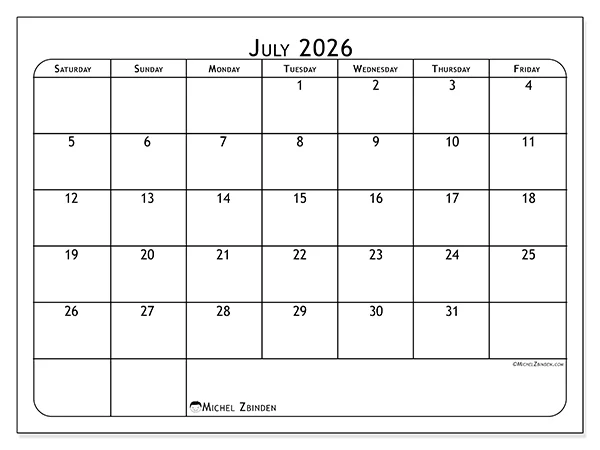 Printable July 2026 calendar - Soccer passion - Week: Sunday to Saturday