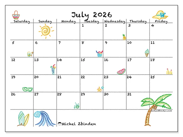 Printable July 2026 calendar - Sunny holidays - Week: Sunday to Saturday