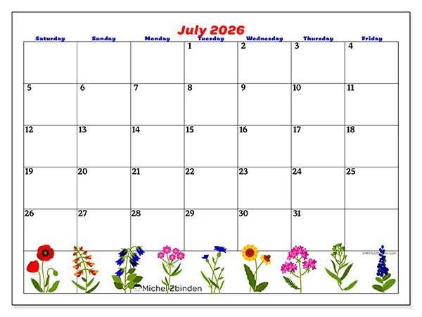 Printable July 2026 calendar - July flowers - Week: Sunday to Saturday