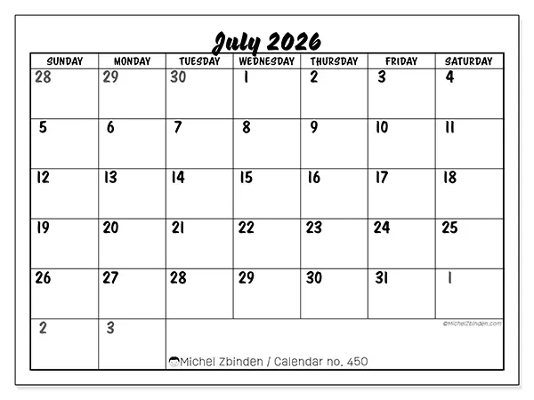 Printable July 2026 calendar - Detailed organization - Week: Sunday to Saturday