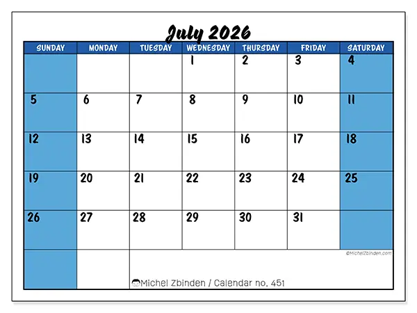 Printable July 2026 calendar - Dynamic organization - Week: Sunday to Saturday
