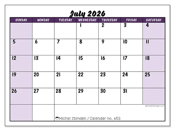 Printable July 2026 calendar - Colorful efficiency - Week: Sunday to Saturday