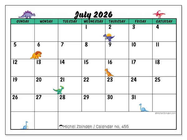 Printable July 2026 calendar - Little dinosaurs - Week: Sunday to Saturday